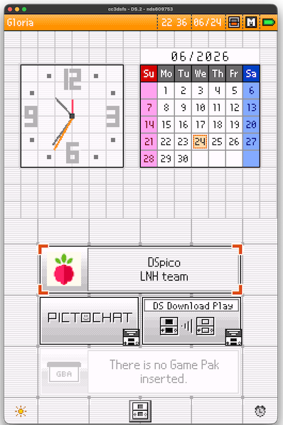 A screenshot of the Nintendo DS System Menu, captured using cc3dsfs and capture card hardware installed into the Nintendo DS.